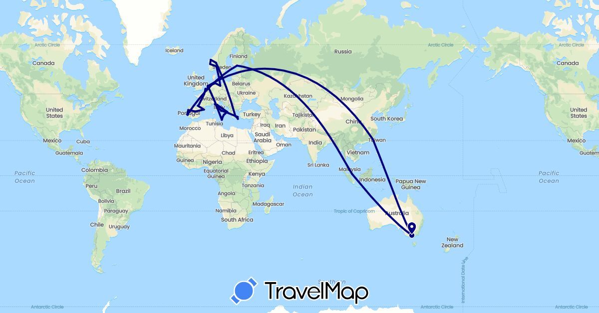 TravelMap itinerary: driving in Australia, Belgium, China, Germany, Denmark, Spain, Finland, France, Greece, Italy, Malta, Netherlands, Norway, Portugal, Singapore (Asia, Europe, Oceania)